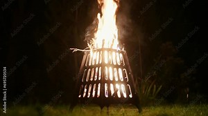 Bonfire with burning woods in the backyard at night. A convenient and safe bowl for an open fire. A metal portable fire pit is safe device for an outdoor picnic on the lawn or summer camp.