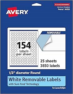 Avery Matte White Removable Round Labels, Sure Feed Technology, Print-to-The-Edge, 0.5" Diameter, 3,850 Removable Labels, Laser/Inkjet Printable