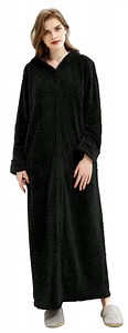 AMITOFO Long Hooded Robes for Women Soft Warm Fleece Zipper Bathrobe with Pockets and Jacquard Pattern