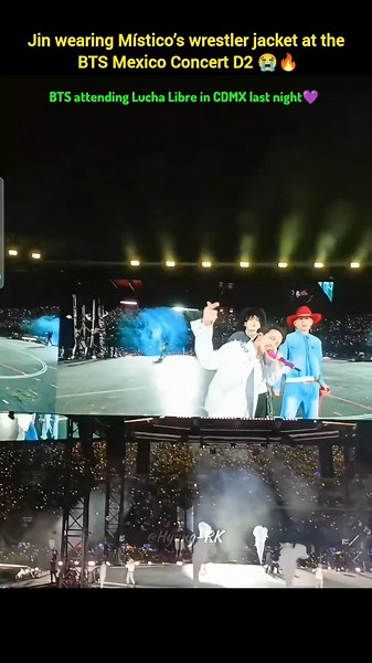 Jin wearing Místico’s entrance jacket, while the dancers used wrestler masks at Maxico D2🔥💜