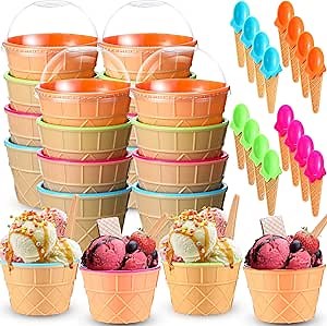 Teenyyou 48 Pcs Ice Cream Bowl Set Includes Plastic Ice Cream Bowls with Spoons and Lids 6-8 oz Reusable Frozen Yogurt Bowls Party Favors for Summer Holiday Sundae Birthday Bar Supplies(4 Colors)