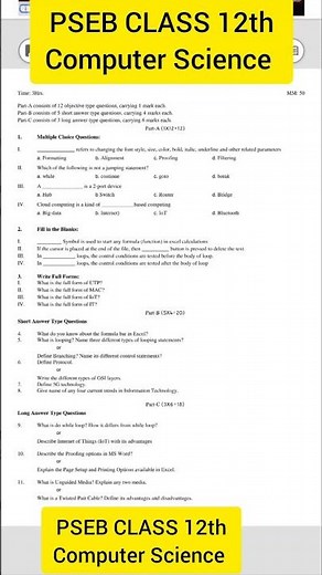 PSEB CLASS 12 th Computer science september exam 2025