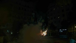 Fireworks and big bonfire at Las Fallas night. Festival in Spain