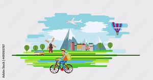 Cyclist tourist rise cycle in the countryside landscape, cartoon animation footage