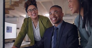 Teamwork, computer analyst and business people in office with project deadline at night. Collaboration, coaching and happy black man, women or group of employees brainstorming, planning and training