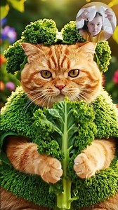 A super cute chubby orange cat wearing a fluffy broccoli costume, holding and munching on a giant fr