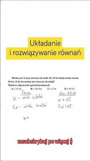 Układanie i rozwiązywanie równania. Zadanie tekstowe z wprowadzeniem niewiadomej "x" #e8 #matematyka
