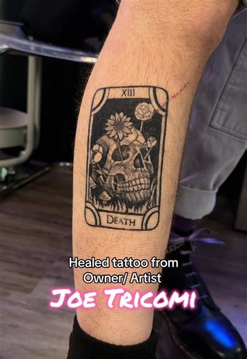 This death tarot card tattoo from @Joe Tricomi is about 6 months healed & hairy. His books are open for February - April at the moment, you can book a free consultation with him to chat tattoos at anytime via our website. #deathcard #tarotcardtattoo #blackworktattoo #austintattooshop #austintattooartist