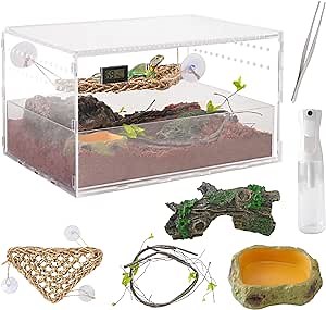 Reptile Terrarium Double-Layer Acrylic, 16“x12”x10“ Amphibian Leakproof Aquarium Tank Kit, Large Feeding Tarantula Habitat Box for Small Animals Insect Lizards, Turtles, Chameleons, Snakes