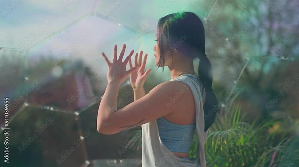 Young asian woman doing yoga poses. stretching and breathing exercises in garden conservatory, sunny day, nature, natural light. Mid shot dynamic jib movement gimbal slow motion through window
