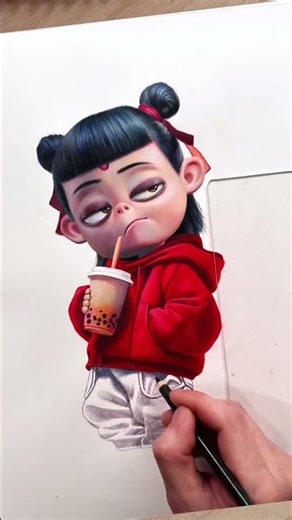 Nezha Loves Bubble Tea 🧋🎨 | Colored Pencil Drawing #oilpainting #onestroke #artshorts