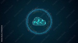 Motion graphic of Blue digital cloud computing logo and circle futuristic HUD elements with storage big data backup concepts on circuit board abstract background
