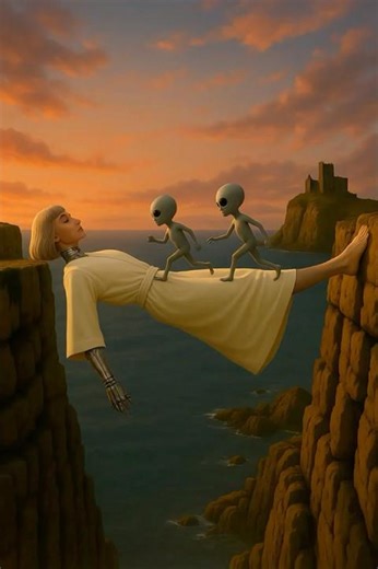 Crazy Robo Saved the Falling Alien at the Edge of the World #robot #art #cyberpunk #android #ai