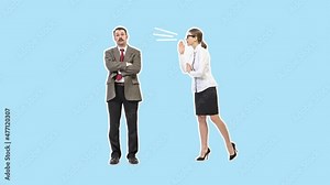 Screaming lady boss and unflappable employee. Female leader forcing a subordinate to work. 4k. Stop motion design, 2D animation. Business, office relationships concept. Art collage in magazine pop