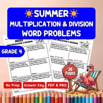 4th Grade Multiplication & Division Word Problems Worksheets | Summer Math Activ