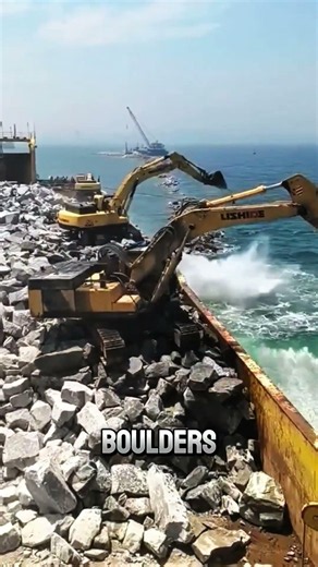Massive Excavators Building a Fortress Breakwater Construction