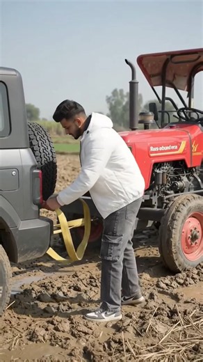 Grandpa’s tractor got stuck… Thar to the rescue! 🚜🔥😎 #thar #tractor