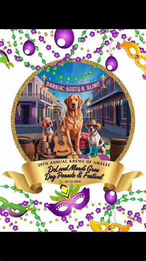 Let’s make “Barkin’, Boots & Bling” the barkin’est parade yet! 💜💚💛 #DeLandDogParade #KreweOfAmalee #BarkinBootsAndBling #DeLandEvents #CommunityFun | The Krewe of Amalee DeLand Mardi Gras Dog Parade & Festival