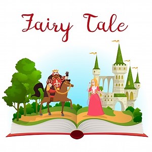 Fairy tale castle book. Open book with fantasy kingdom tower. Prince...
