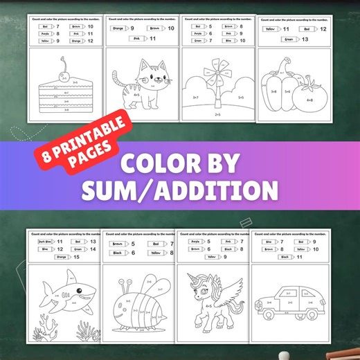 Color by Sum Printable for Kids Differentiated Math Coloring Pages & Fine Motor Activity (8 Pages) Colour by Numbers Math Worksheets - Etsy