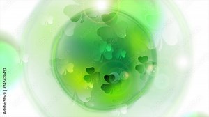 St Patrick Day green white abstract background with shamrock leaves, circle and glowing lights. Seamless looping motion design. Video animation Ultra HD 4K 3840x2160