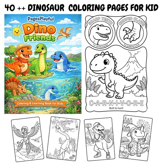 Dinosaur Coloring Book Printable for Kids | 40  Educational Dino Pages (ages 3–10) | PDF DOWNLOAD - Etsy
