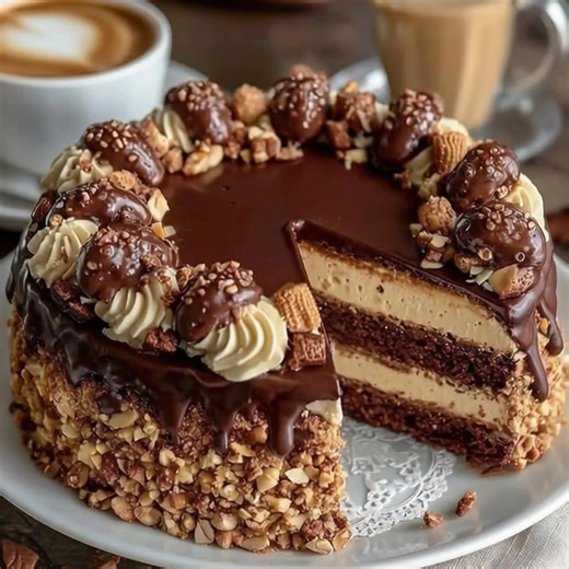 Chocolate Almond Praline Layer Cake With Cappuccino Ganache & Cocoa Crunch 📝 Ingredients The Chocolate Almond Sponge 2 cups All-Purpose Flour ¾ cup Premium Dark Cocoa Powder 2 tsp Baking Powder 1 tsp Baking Soda 1 tsp Fine Sea Salt 1 cup Hot Brewed Coffee (Medium Roast) 1 cup Full-Fat Buttermilk, room temperature ½ cup Vegetable Oil 1 ½ cups Granulated Sugar ½ cup Light Brown Sugar, packed 2 Large Eggs, room temperature ½ cup Smooth Almond Butter 1 tsp Pure Almond Extract 1 tsp Pure Vanilla Ext