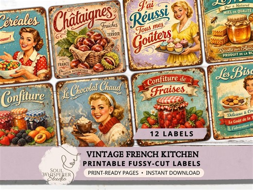 Printable Vintage French Kitchen Labels, Retro Food Ephemera, Fussy Cut Junk Journaling Supplies, Mid Century Pin up Art for Scrapbooking - Etsy
