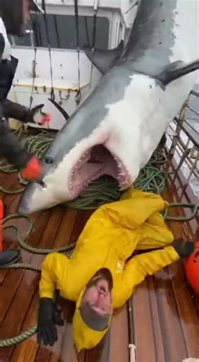 🦈😱 Great White Shark Crashes Onto Boat After Giant Marlin Strike