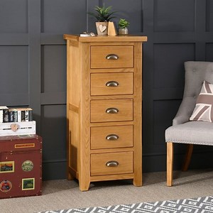 [Hot Item] Oak 5 Drawer Tallboy Chest of Drawers