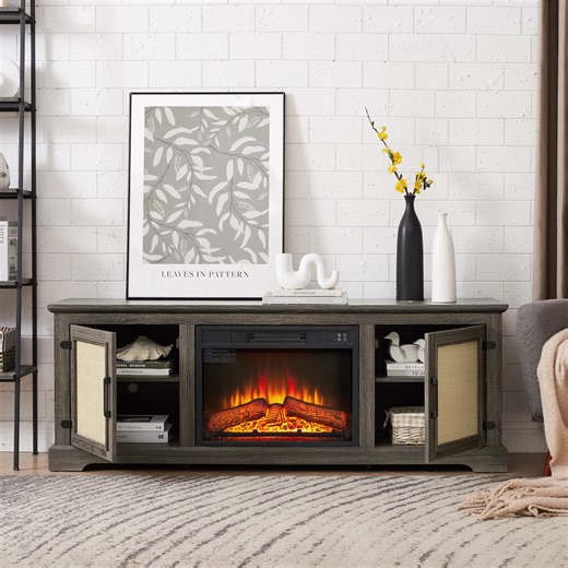 Eyisean 65" W Rattan Media Console Table with Fireplace, Mid-Century TV Stand for TVs Up to 75 inch, Wooden Entertainment Center with Adjustable Shelves for Living Room