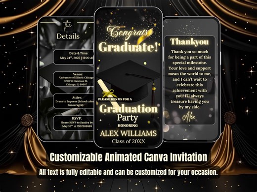 Graduation Invitation 2025 – Animated Video Grad Evite – Black and Gold Graduation Card – Canva Template – High School or College Party - Etsy Canada