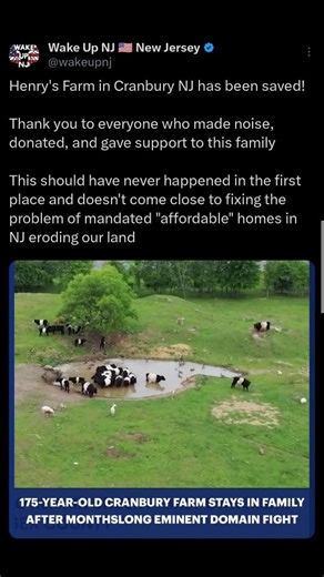 Henry's Farm in Cranbury NJ has been saved! Thank you to everyone who made noise, donated, and gave support to this family This should have never happened in the first place and doesn't come close to fixing the problem of mandated "affordable" homes in NJ eroding our land Follow us on X/FB/Tiktok/Instagram/Youtube/Telegram #NewJersey #Jersey #NJ #JerseyShore #WakeUpNJ | Wake Up NJ