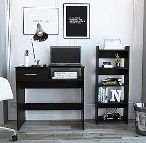 Home Office Computer Desk - Rectangular Black with Lockable Drawer, Pine Wood, Casual American Design, Industrial Look, Freestanding, H-Shape Base, Engineered Wood Modern Rectangular, Style