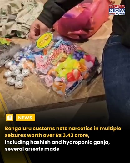 Bengaluru Customs foiled two major drug smuggling attempts at Kempegowda International Airport, seizing over Rs 3.43 crore worth of narcotics. Officials intercepted 1.7 kg of hashish concealed in candy packets and 9.7 kg of hydroponic ganja hidden in checked baggage from Bangkok, leading to the arrest of two passengers under the NDPS Act. #NewsWithTN #TimesNowNews | TIMES NOW
