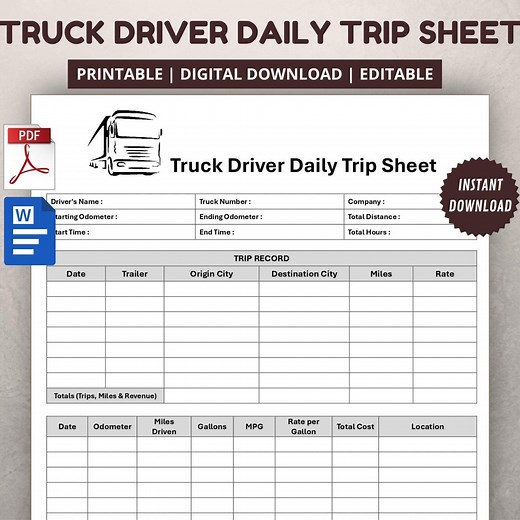 Truck Driver Daily Trip Sheet Template. Editable Truck Log Form - Etsy