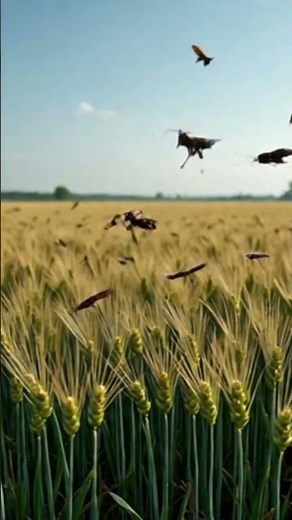 Locusts swarm rapidly, destroying crops, leaving barren fields behind.