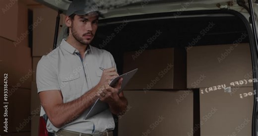 Delivery worker using tablet and activating scrolling code overlay while verifying van boxes