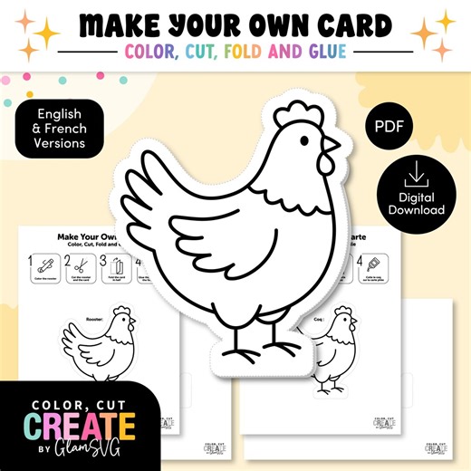 Rooster Card Craft Printable for Kids | Cut and Paste Craft | Preschool Kindergarten Craft | Chicken Coloring Card | Digital Download - Etsy