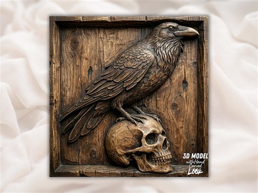 Raven on Skull 3D Relief STL | Gothic Crow Wall Art CNC Router File | Hand Carved Scan Wood Grain Panel | Halloween Decor | 3D Print Laser - Etsy UK