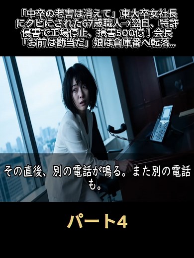 「中卒の老害は消えて」東大卒女社長にクビにされた67歳職人→翌日、特許侵害で工場停止、損害500億！会長「お前は勘当だ」娘は倉庫番へ転落…
