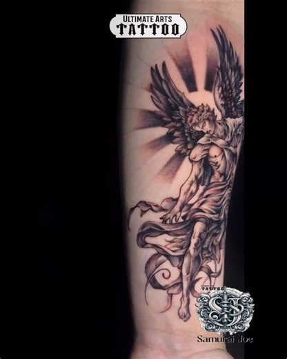 Somewhere between fallen angel and weary guardian. This black/grey tattoo of a winged angel, done in a very classical, Renaissance-inspired style. Tattoo by Samurai Joe Free consultations available. #madisonwi #madisonwisconsin #ultimateartstattoo #madisontattooartist #angeltattoo | Ultimate Arts Tattoo