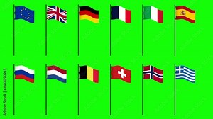 Country Flags Waving Europe Set. Seamless loop isolated animation with transparency Green Screen and Luma Matte (black and white mask)