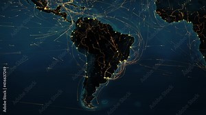 Animation of bright lines representing aerial, maritime, ground routes, country borders and city lights. South American map with bright connections.