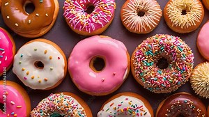 Video animation of delightful variety of donuts, each adorned with different toppings and glazes. The assortment includes frosted and glazed donuts