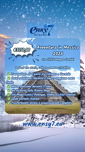 Ensy7 Network & Tour Operator on Instagram: "🇲🇽 Avventura in Messico 2026 🌴 Un itinerario di 9 giorni tra civiltà Maya, città coloniali e mare caraibico. Dalle atmosfere autentiche del Chiapas ai grandi siti archeologici dello Yucatán, fino al relax sulla Riviera Maya in All Inclusive. Un viaggio completo, ricco di emozioni, cultura e panorami indimenticabili. ✨ Cosa include il viaggio: ✅ Tour guidato di 9 giorni tra Chiapas e Yucatán ✅ Hotel selezionati durante il tour + soggiorno mare final