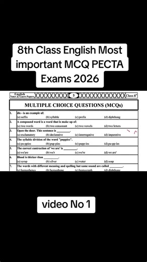 8th Class English Important MCQs for PECTA Exams 2026