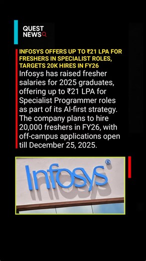 QUEST NEWS on Instagram: "INFOSYS OFFERS UP TO ₹21 LPA FOR FRESHERS IN SPECIALIST ROLES, TARGETS 20K HIRES IN FY26 Infosys has raised fresher salaries for 2025 graduates, offering up to ₹21 LPA for Specialist Programmer roles as part of its AI-first strategy. The company plans to hire 20,000 freshers in FY26, with off-campus applications open till December 25, 2025. #InfosysHiring #FresherJobs2025 #ITJobs #21LPA #SpecialistProgrammer OffCampusDrive AIJobs TechHiring"