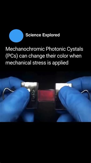 🧠 on Instagram: "Some materials can actually change color when you press, stretch, or bend them. These are called mechanochromic photonic crystals, and they work by shifting their internal structure when force is applied. On the microscopic level, tiny patterns that reflect light move around, or chemical bonds twist, changing the way our eyes see color. And it’s reversible. Once the pressure is gone, the material snaps back to its original color—like stress leaving behind a visible footprint. S