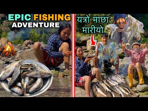 Group Camping,Fishing, Cooking and Eating ! Fishing in Mountain River ! Camping in Forest
